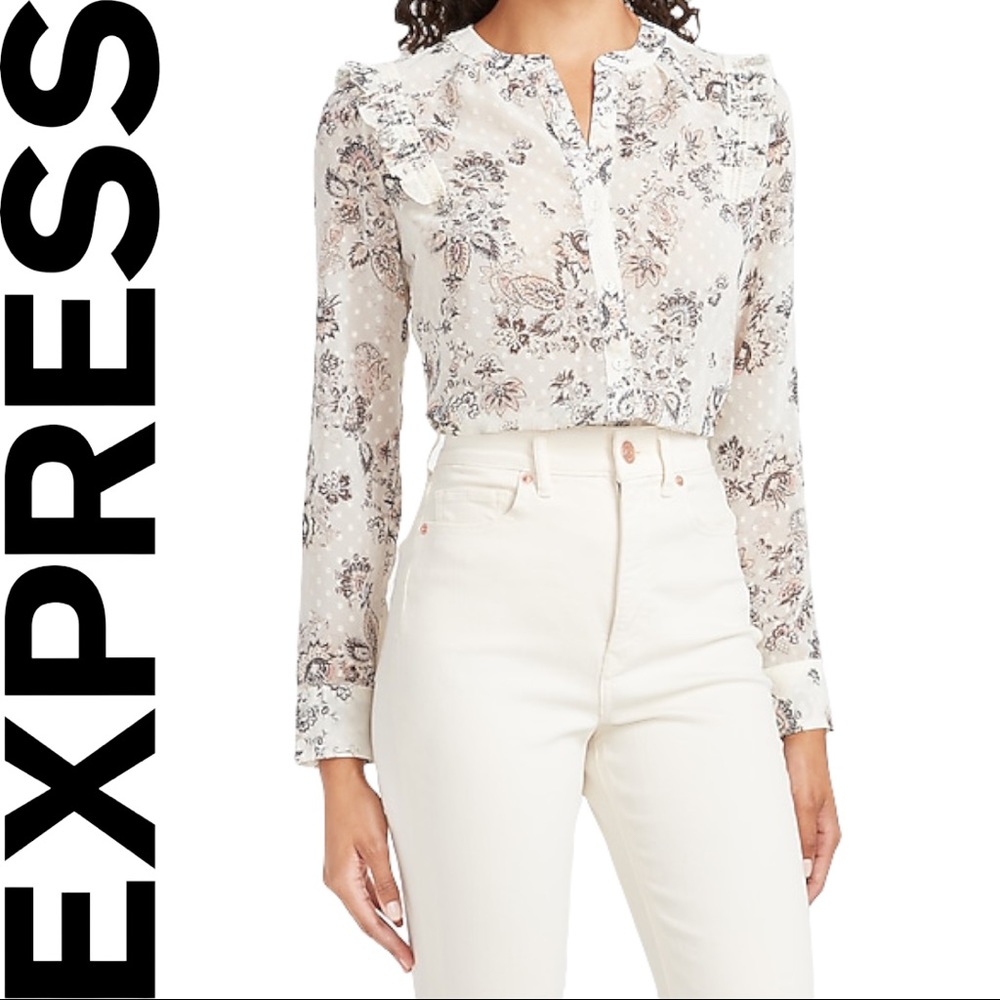 Pre-owned Express Slim-Fit Floral Swiss Dot Ruffle Button-Up Blouse